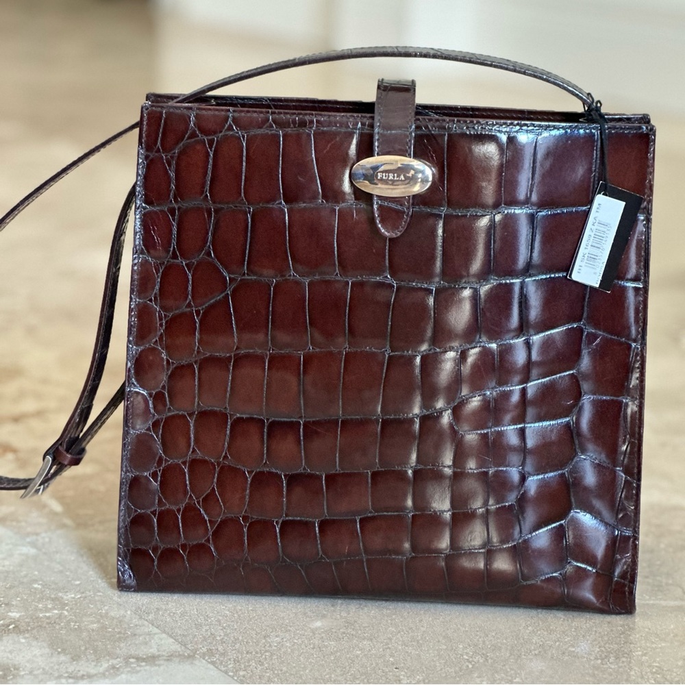 Furla Espresso brown embossed Italian leather shoulder bag NWT